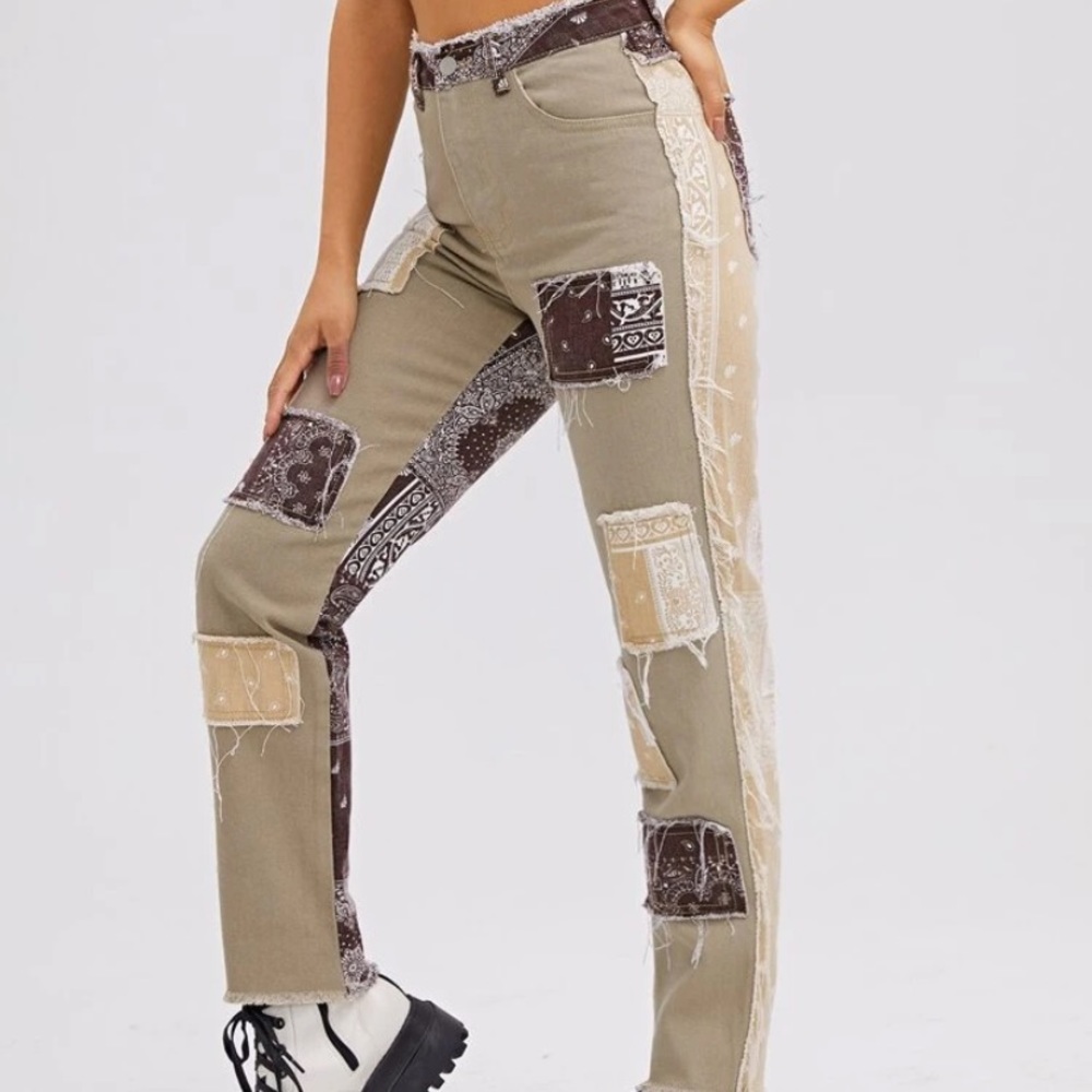 SHEIN Scarf Print Patched Detail Jeans